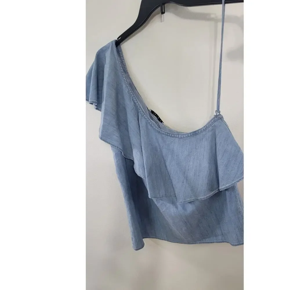 Alice + Olivia Top Womens Large One Shoulder Blue Nautical Beach Cottagecore Top - Picture 4 of 8
